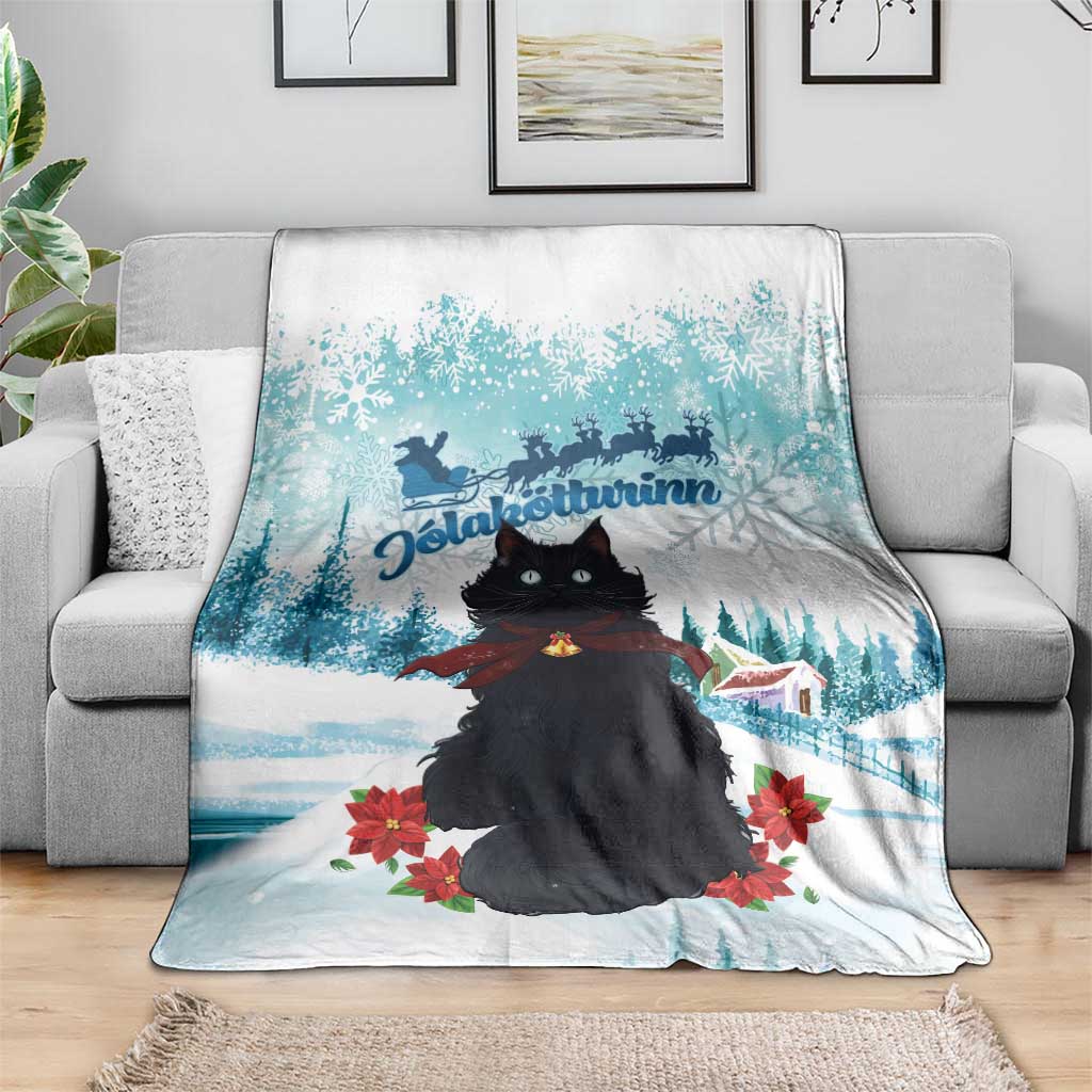 Iceland Yule Cat Christmas Blanket Jolakotturinn With Poinsettia - Winter Vibes