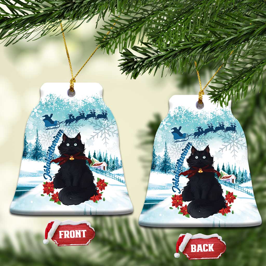 Iceland Yule Cat Christmas Ceramic Ornament Jolakotturinn With Poinsettia - Winter Vibes - Wonder Print Shop