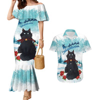 Iceland Yule Cat Christmas Couples Matching Mermaid Dress and Hawaiian Shirt Jolakotturinn With Poinsettia - Winter Vibes - Wonder Print Shop