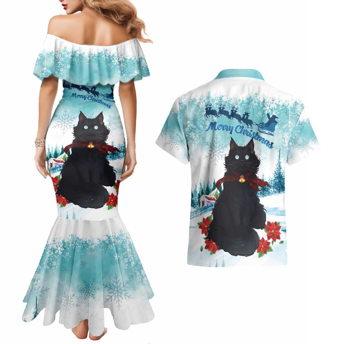 Iceland Yule Cat Christmas Couples Matching Mermaid Dress and Hawaiian Shirt Jolakotturinn With Poinsettia - Winter Vibes - Wonder Print Shop