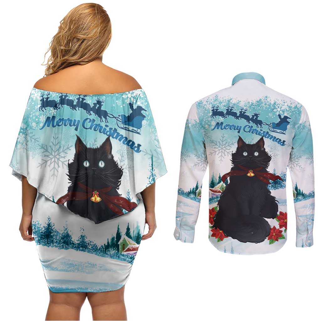 Iceland Yule Cat Christmas Couples Matching Off Shoulder Short Dress and Long Sleeve Button Shirt Jolakotturinn With Poinsettia - Winter Vibes - Wonder Print Shop