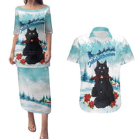 Iceland Yule Cat Christmas Couples Matching Puletasi and Hawaiian Shirt Jolakotturinn With Poinsettia - Winter Vibes - Wonder Print Shop
