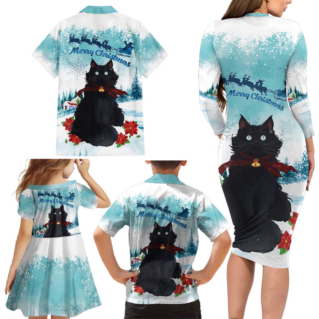 Iceland Yule Cat Christmas Family Matching Long Sleeve Bodycon Dress and Hawaiian Shirt Jolakotturinn With Poinsettia - Winter Vibes - Wonder Print Shop