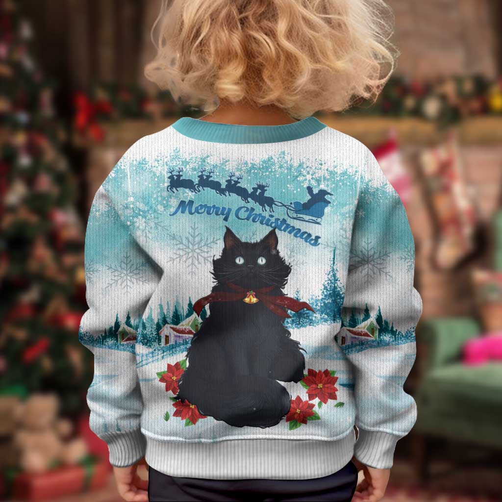 Iceland Yule Cat Christmas Kid Ugly Christmas Sweater Jolakotturinn With Poinsettia - Winter Vibes - Wonder Print Shop