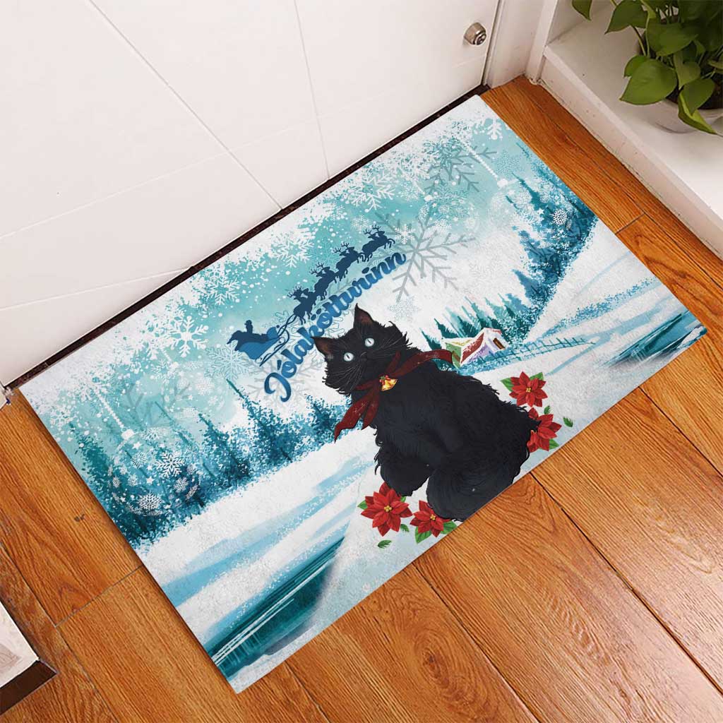 Iceland Yule Cat Christmas Rubber Doormat Jolakotturinn With Poinsettia - Winter Vibes - Wonder Print Shop