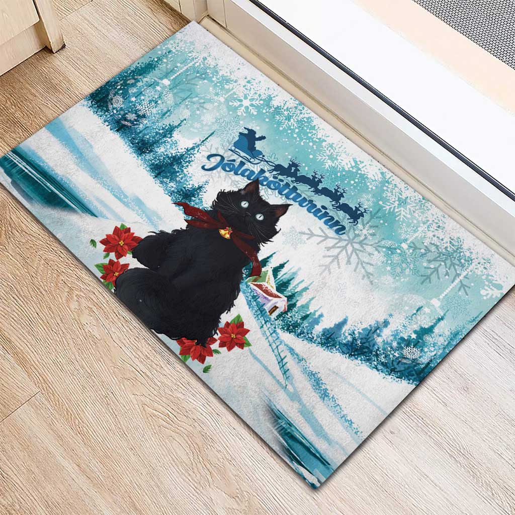 Iceland Yule Cat Christmas Rubber Doormat Jolakotturinn With Poinsettia - Winter Vibes - Wonder Print Shop