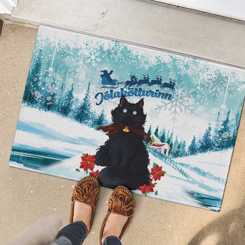Iceland Yule Cat Christmas Rubber Doormat Jolakotturinn With Poinsettia - Winter Vibes - Wonder Print Shop