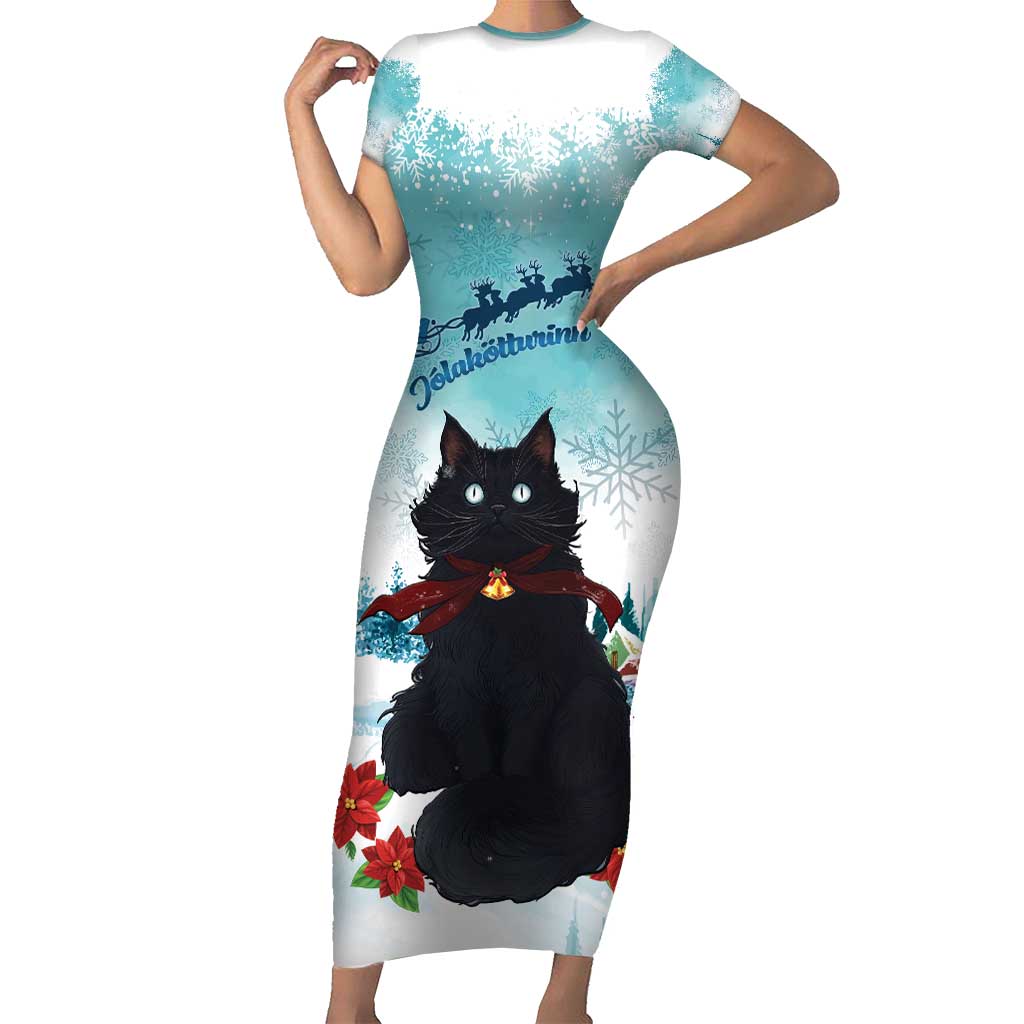 Iceland Yule Cat Christmas Short Sleeve Bodycon Dress Jolakotturinn With Poinsettia - Winter Vibes - Wonder Print Shop