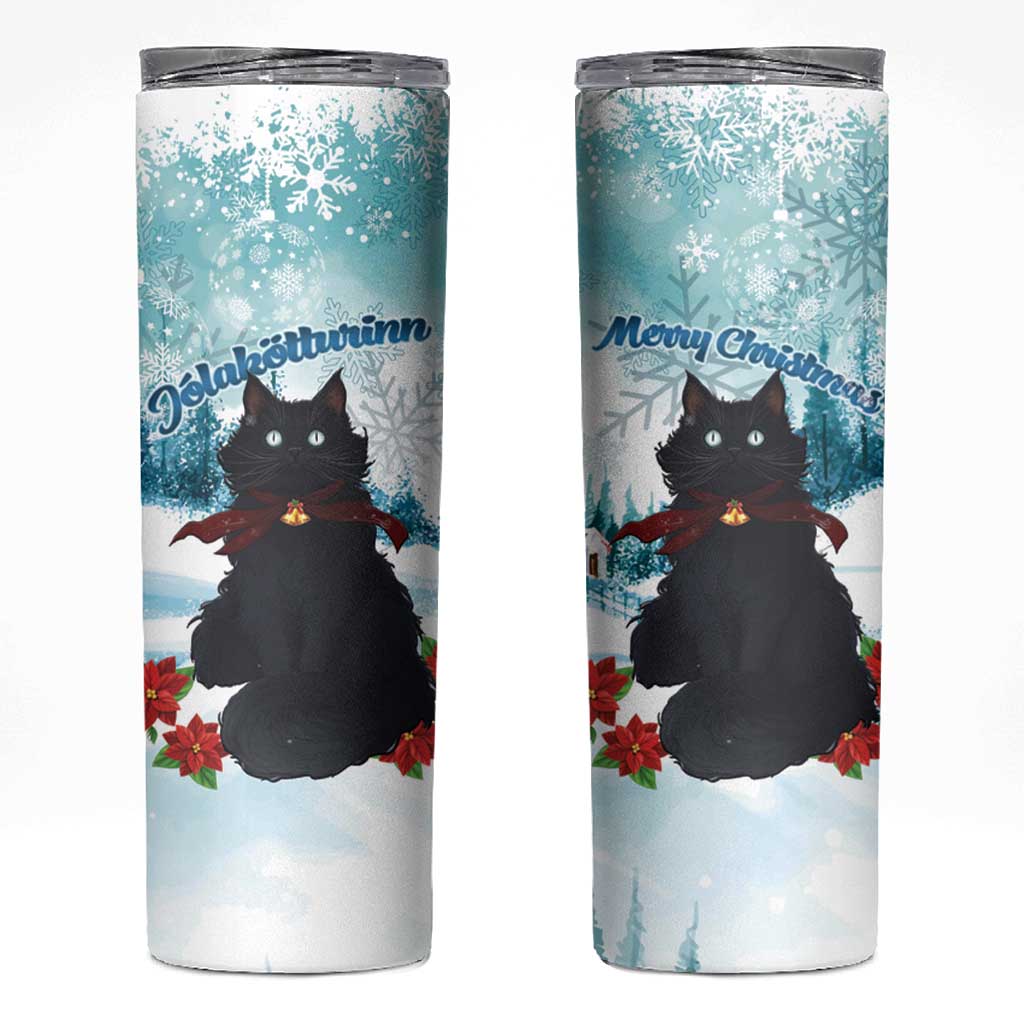 Iceland Yule Cat Christmas Skinny Tumbler Jolakotturinn With Poinsettia - Winter Vibes - Wonder Print Shop