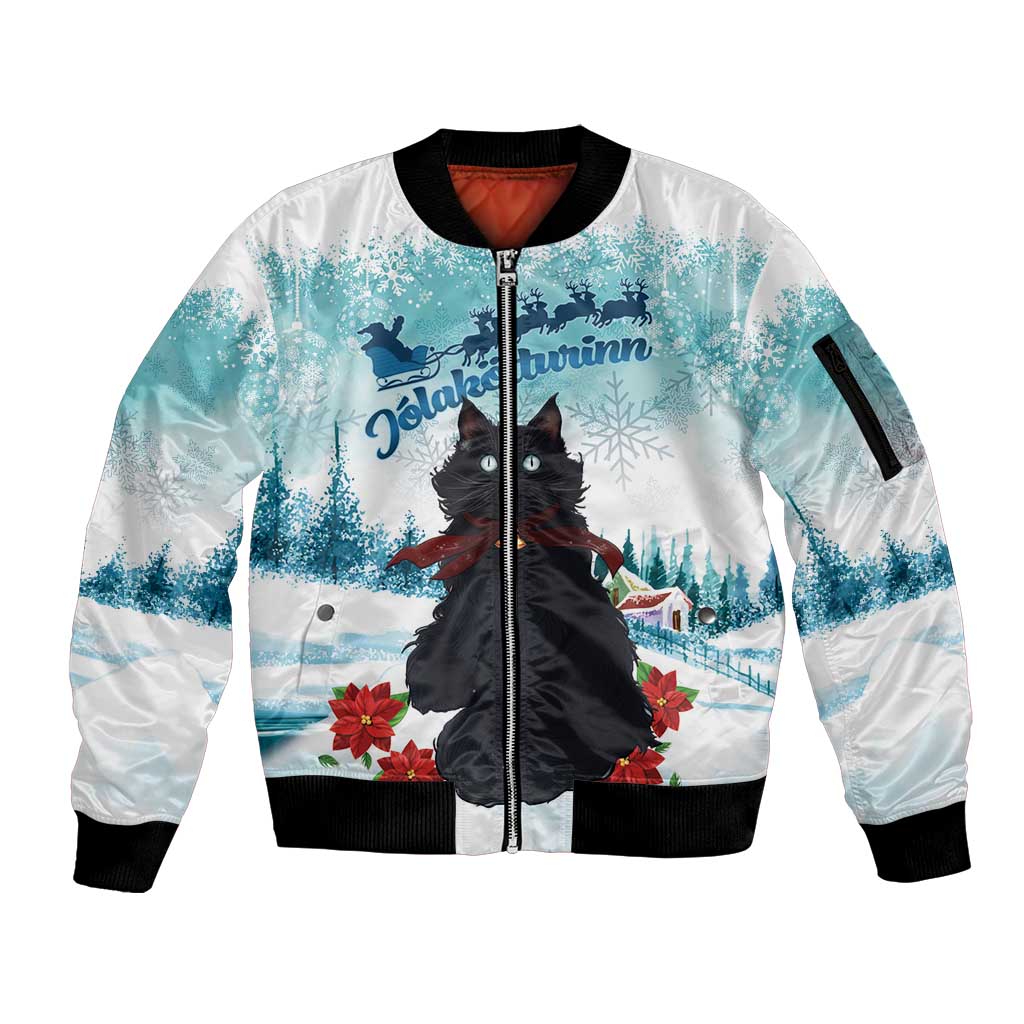 Iceland Yule Cat Christmas Sleeve Zip Bomber Jacket Jolakotturinn With Poinsettia - Winter Vibes - Wonder Print Shop
