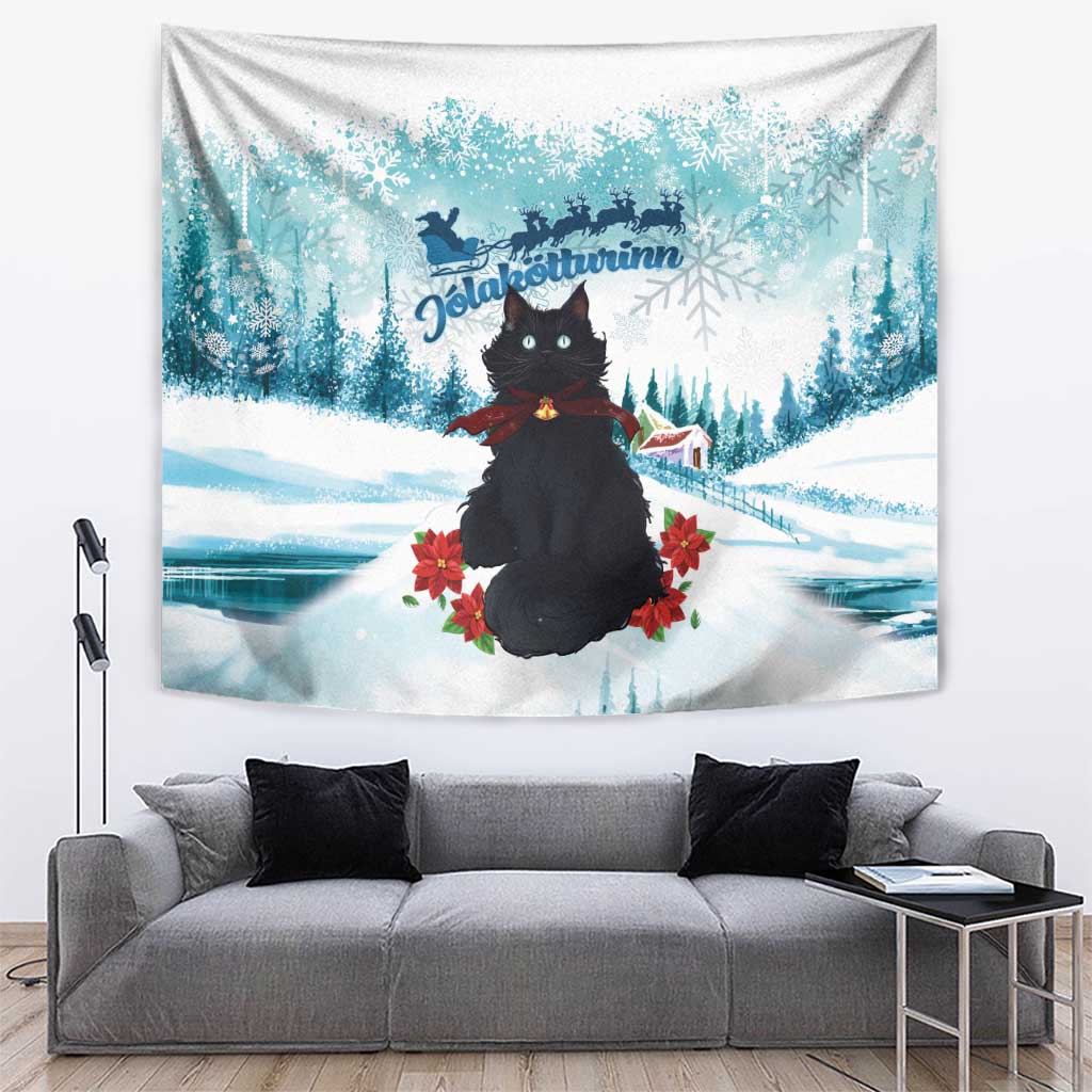 Iceland Yule Cat Christmas Tapestry Jolakotturinn With Poinsettia - Winter Vibes - Wonder Print Shop