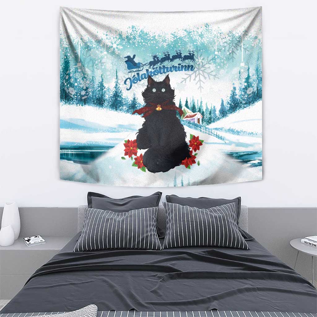 Iceland Yule Cat Christmas Tapestry Jolakotturinn With Poinsettia - Winter Vibes - Wonder Print Shop