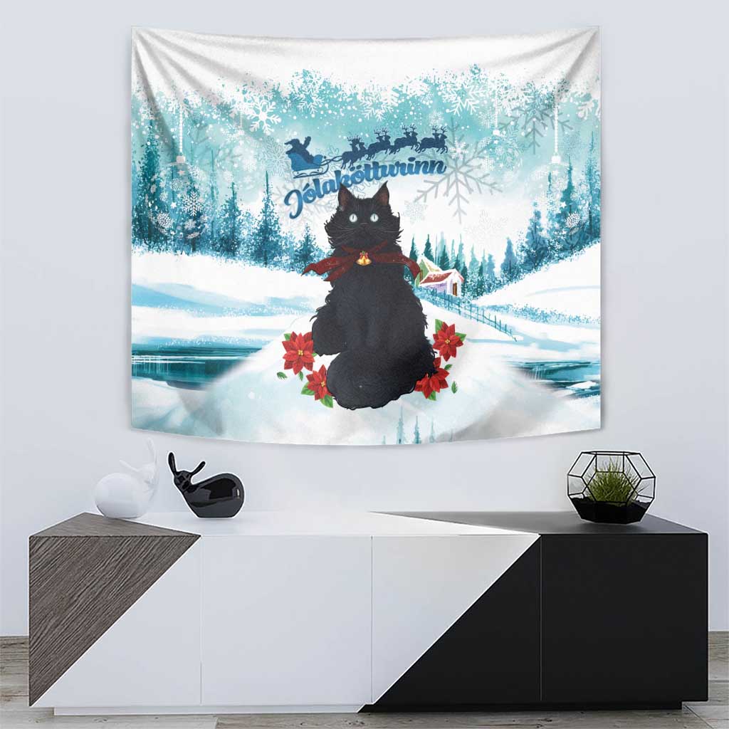 Iceland Yule Cat Christmas Tapestry Jolakotturinn With Poinsettia - Winter Vibes - Wonder Print Shop