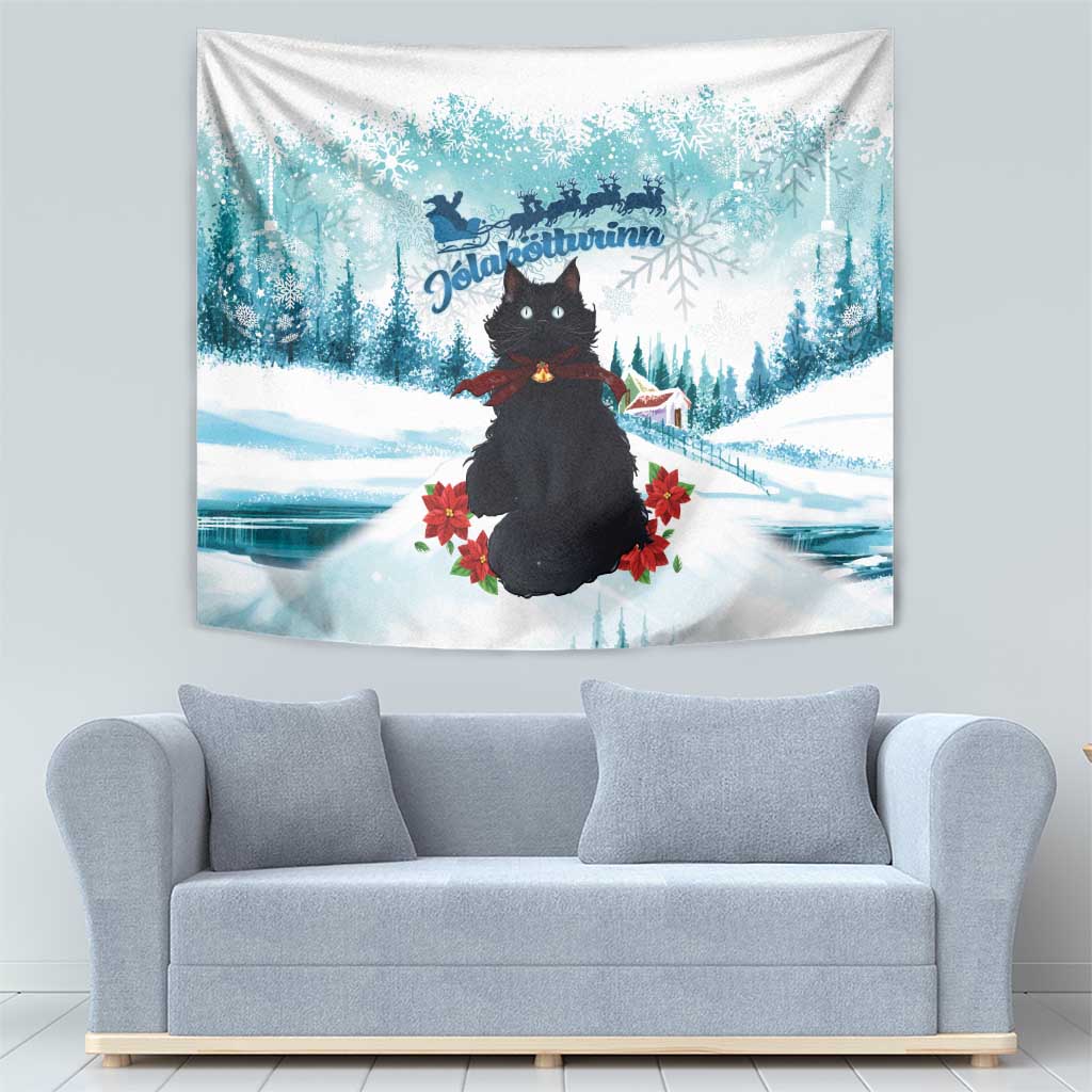 Iceland Yule Cat Christmas Tapestry Jolakotturinn With Poinsettia - Winter Vibes - Wonder Print Shop