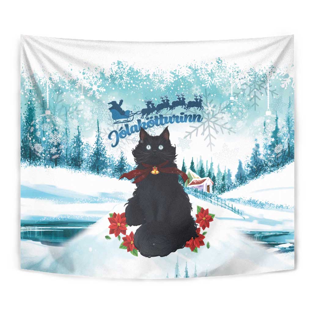 Iceland Yule Cat Christmas Tapestry Jolakotturinn With Poinsettia - Winter Vibes - Wonder Print Shop