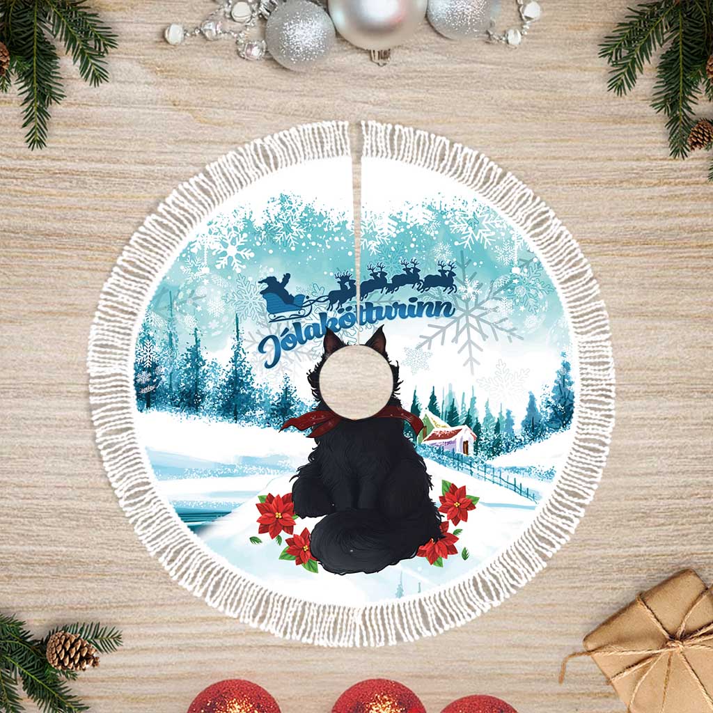 Iceland Yule Cat Christmas Tree Skirt Jolakotturinn With Poinsettia - Winter Vibes - Wonder Print Shop