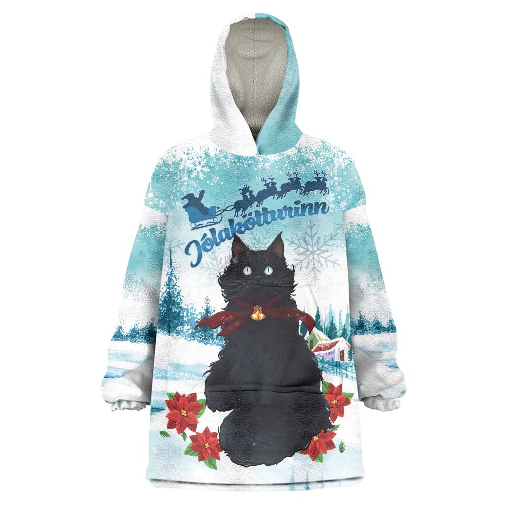 Iceland Yule Cat Christmas Wearable Blanket Hoodie Jolakotturinn With Poinsettia - Winter Vibes - Wonder Print Shop