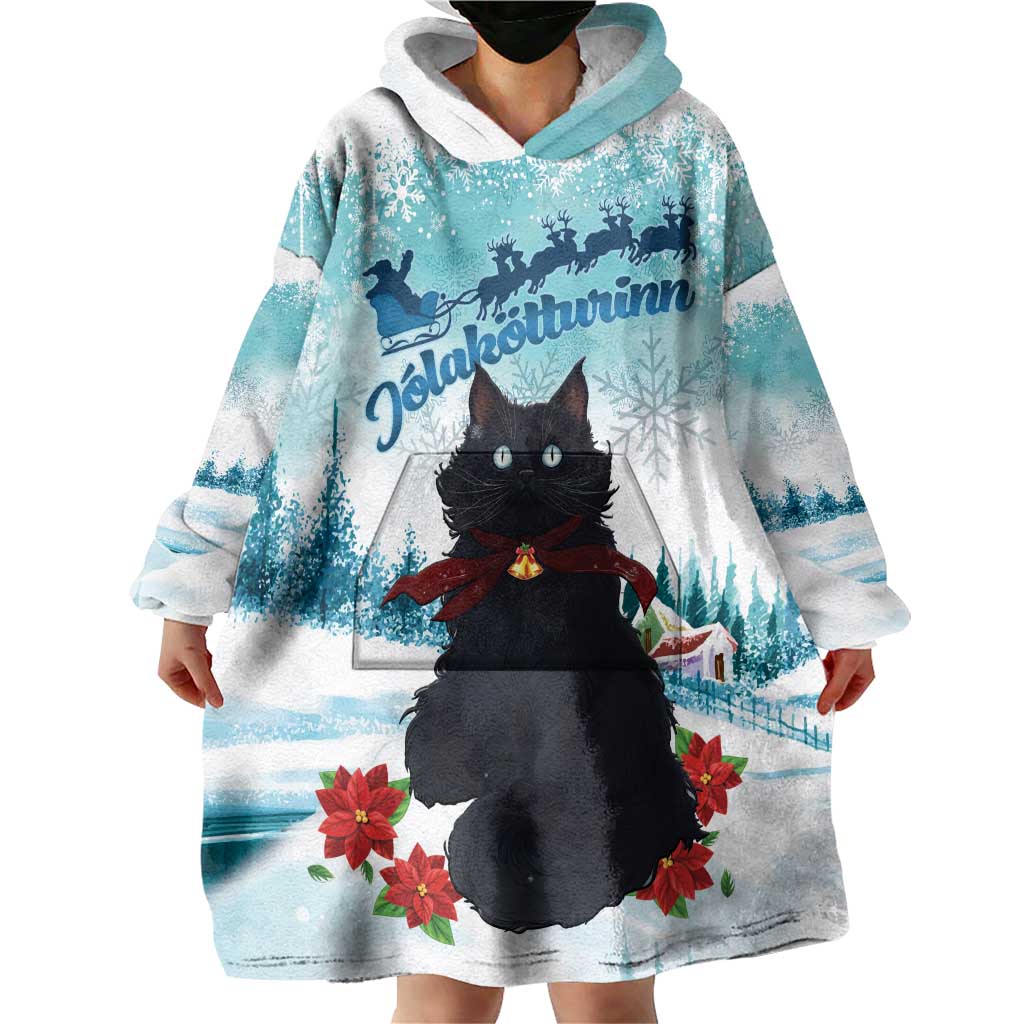 Iceland Yule Cat Christmas Wearable Blanket Hoodie Jolakotturinn With Poinsettia - Winter Vibes - Wonder Print Shop
