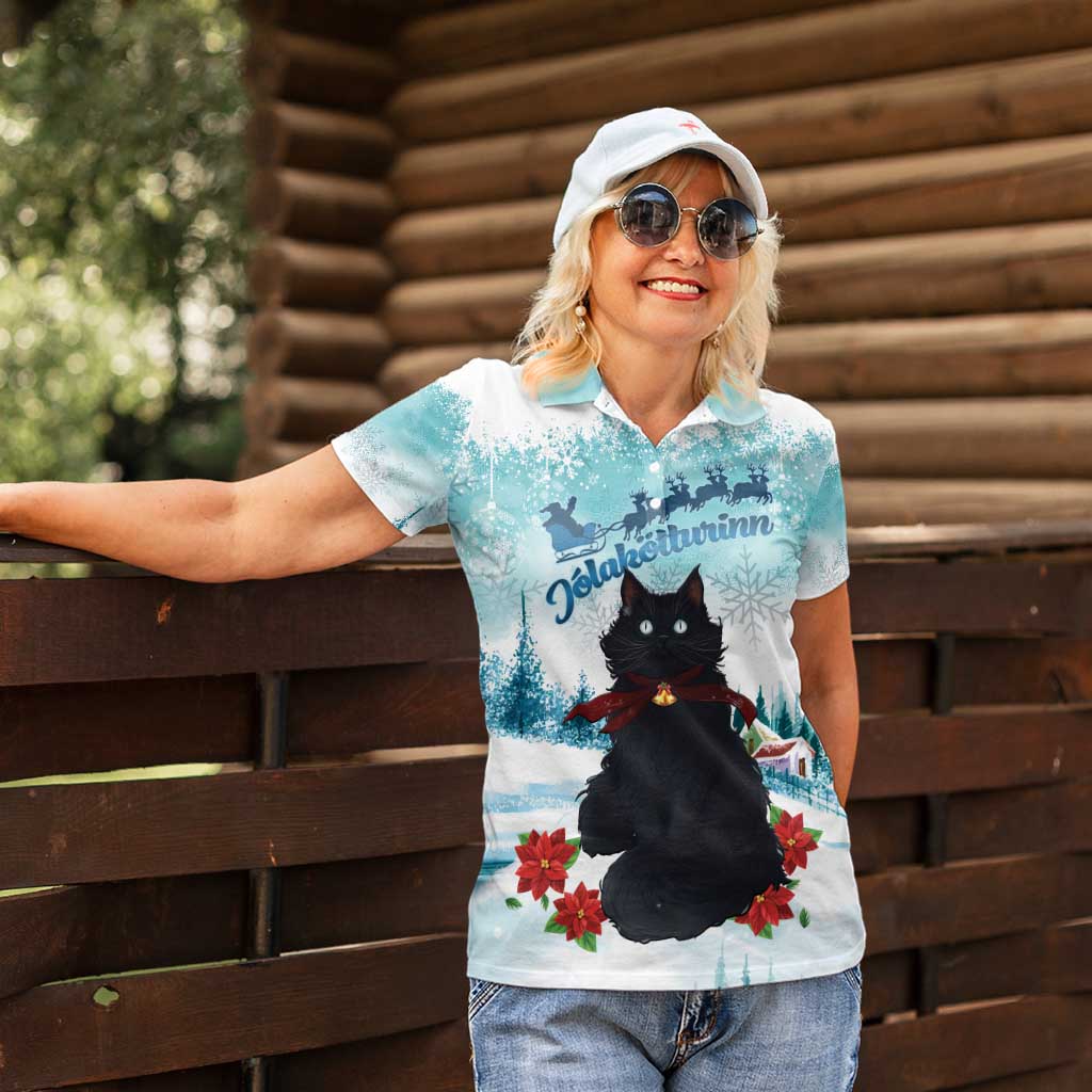 Iceland Yule Cat Christmas Women Polo Shirt Jolakotturinn With Poinsettia - Winter Vibes - Wonder Print Shop