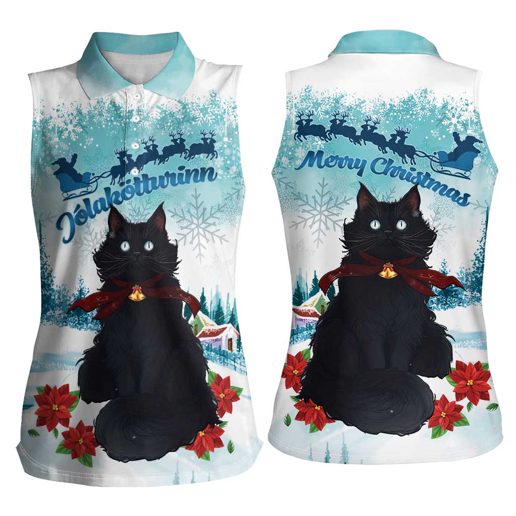 Iceland Yule Cat Christmas Women Sleeveless Polo Shirt Jolakotturinn With Poinsettia - Winter Vibes - Wonder Print Shop