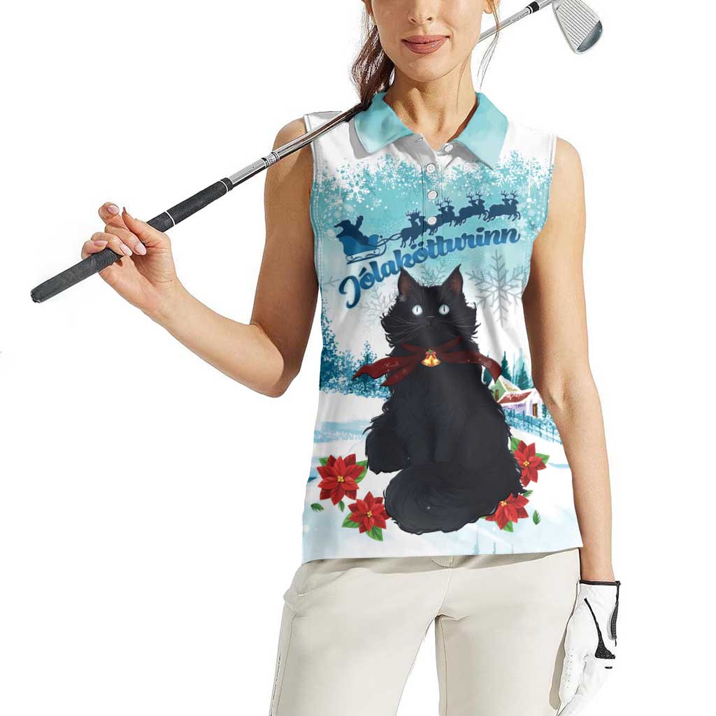 Iceland Yule Cat Christmas Women Sleeveless Polo Shirt Jolakotturinn With Poinsettia - Winter Vibes - Wonder Print Shop