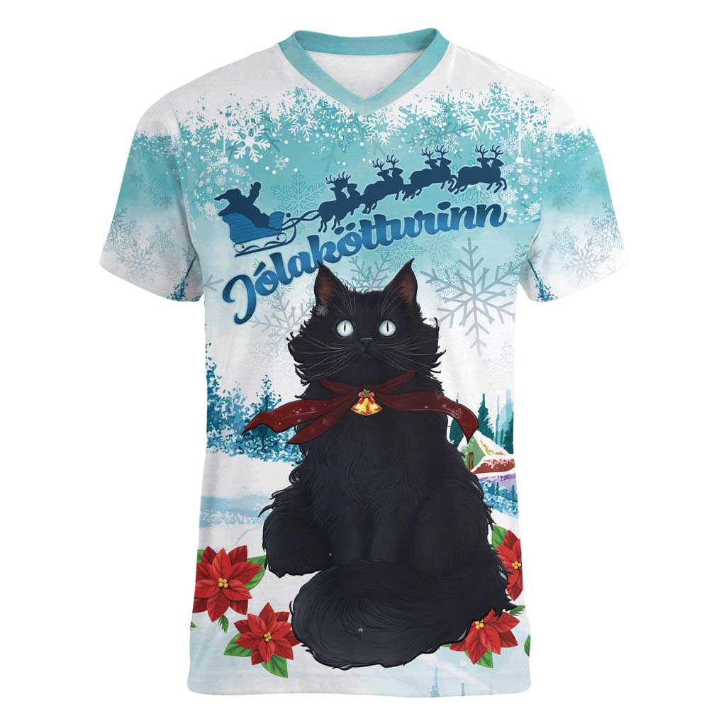 Iceland Yule Cat Christmas Women V-Neck T-Shirt Jolakotturinn With Poinsettia - Winter Vibes - Wonder Print Shop