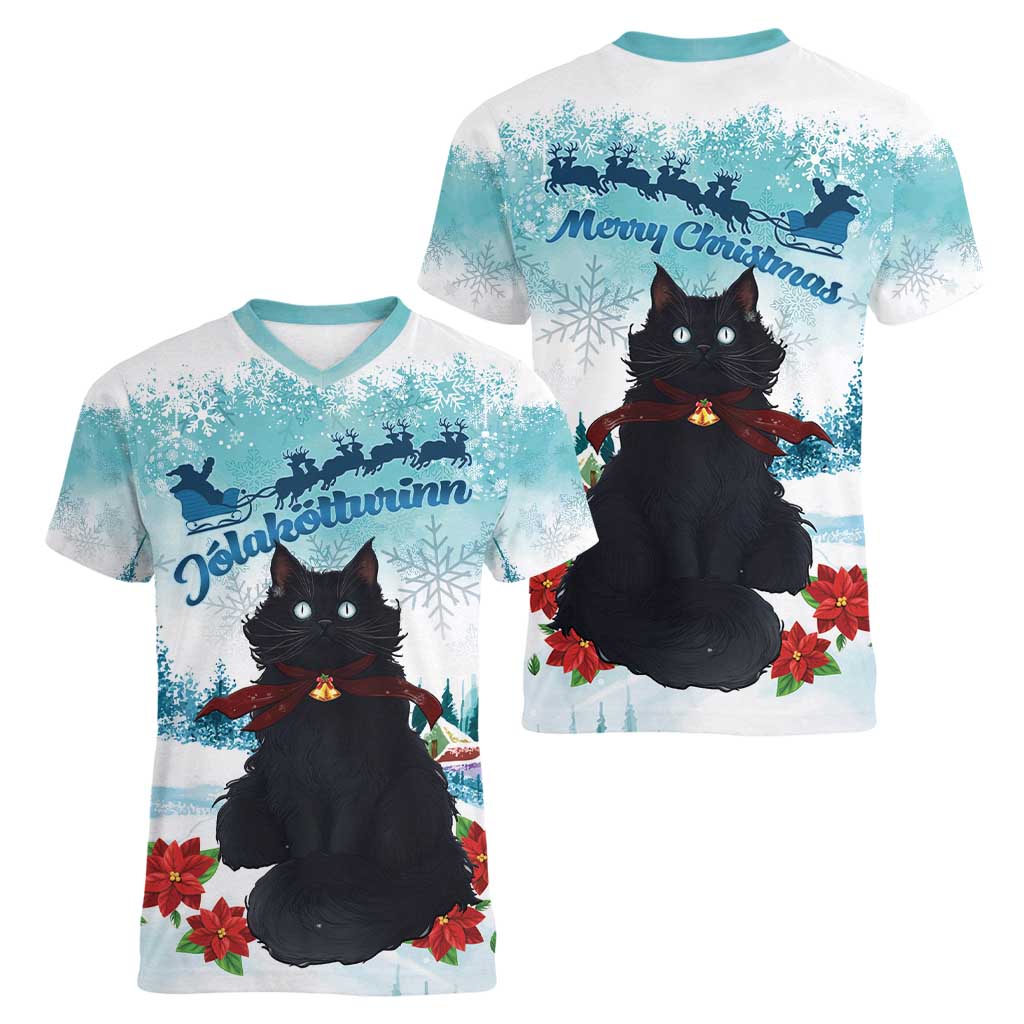 Iceland Yule Cat Christmas Women V-Neck T-Shirt Jolakotturinn With Poinsettia - Winter Vibes - Wonder Print Shop