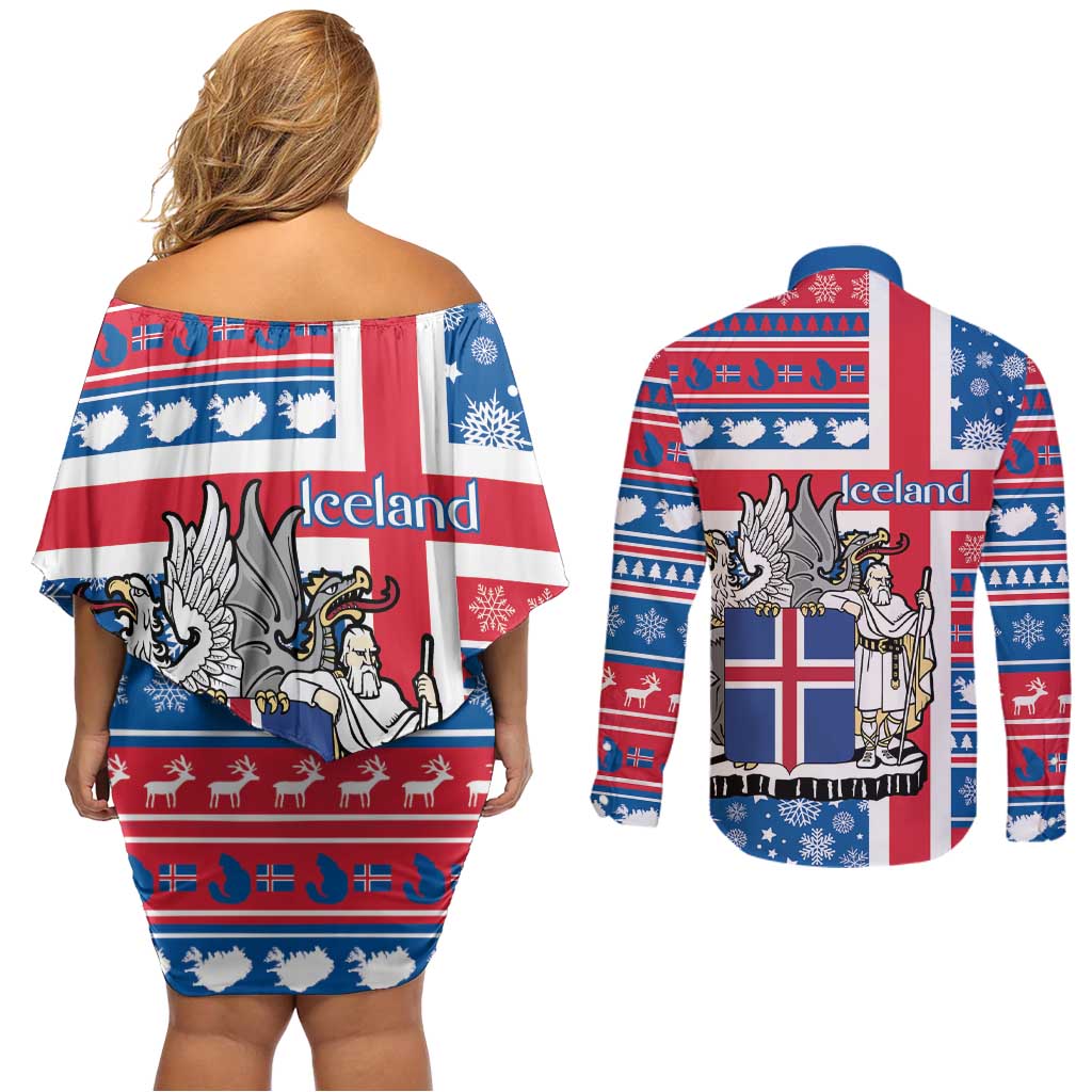 Iceland Christmas Couples Matching Off Shoulder Short Dress and Long Sleeve Button Shirt Gyrfalcon Santa Merry Xmas - Wonder Print Shop