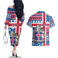 Iceland Christmas Couples Matching Off The Shoulder Long Sleeve Dress and Hawaiian Shirt Gyrfalcon Santa Merry Xmas - Wonder Print Shop