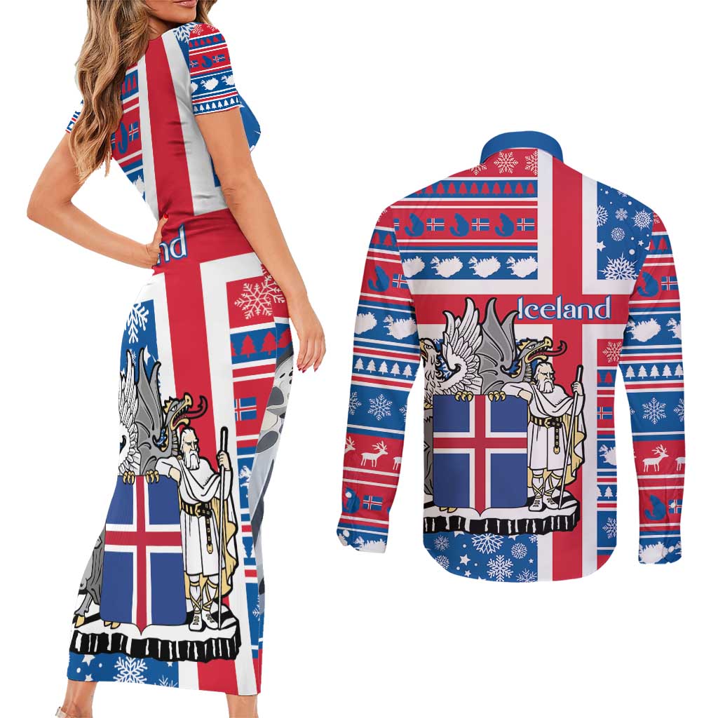 Iceland Christmas Couples Matching Short Sleeve Bodycon Dress and Long Sleeve Button Shirt Gyrfalcon Santa Merry Xmas - Wonder Print Shop