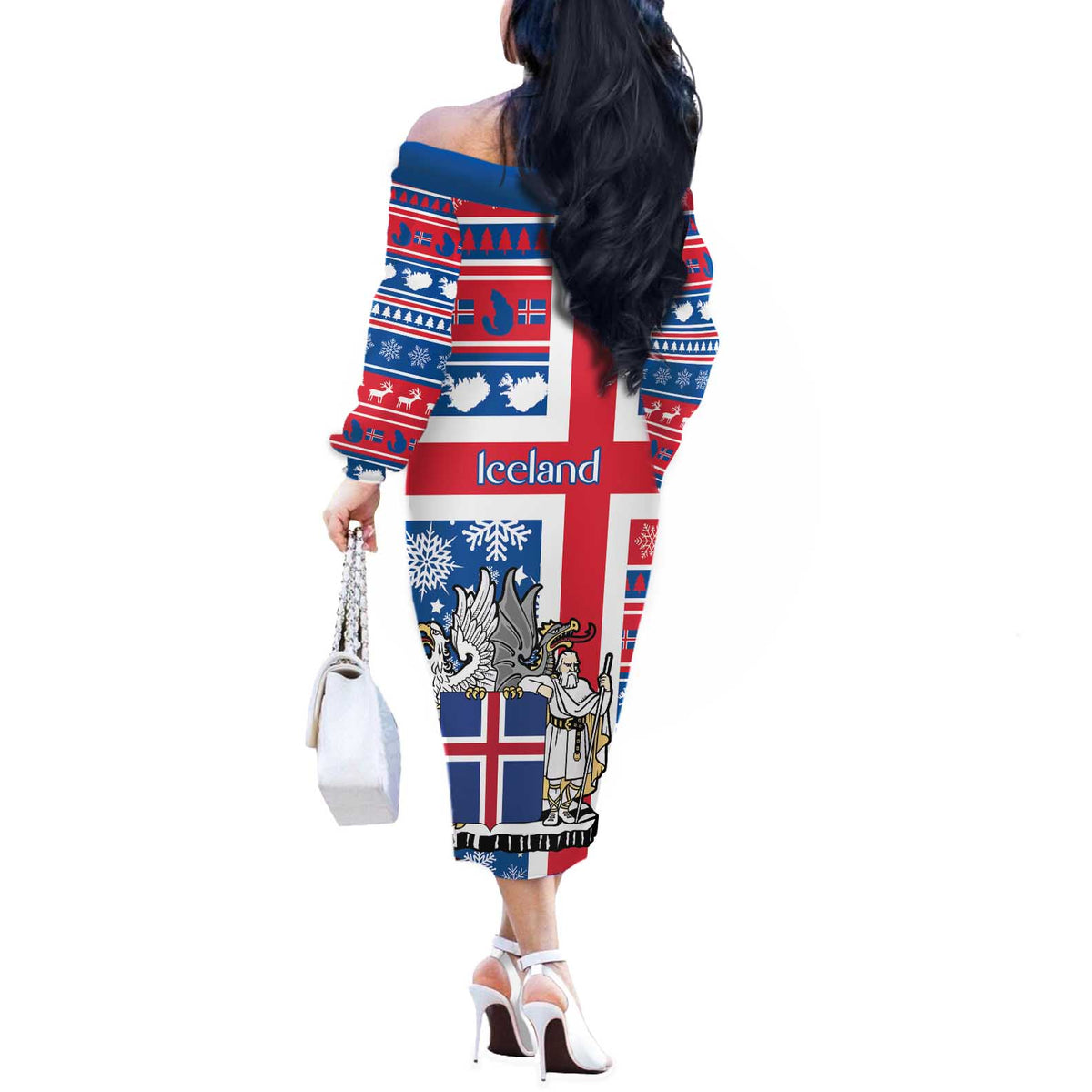 Iceland Christmas Off The Shoulder Long Sleeve Dress Gyrfalcon Santa Merry Xmas - Wonder Print Shop