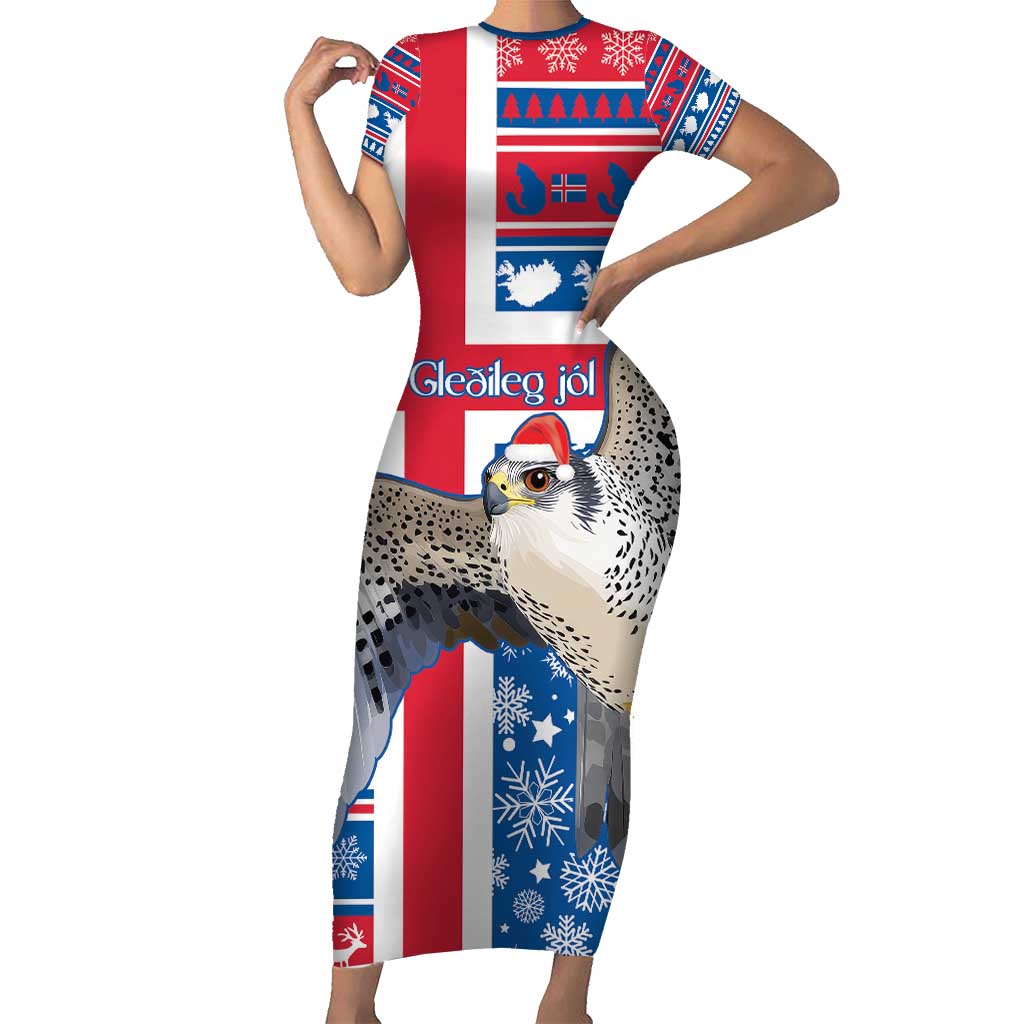 Iceland Christmas Short Sleeve Bodycon Dress Gyrfalcon Santa Merry Xmas - Wonder Print Shop