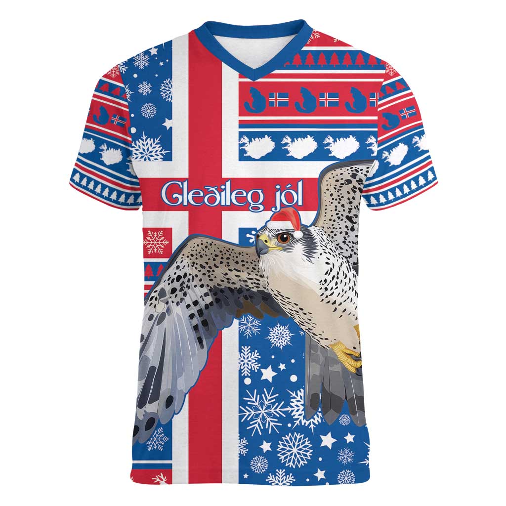 Iceland Christmas Women V-Neck T-Shirt Gyrfalcon Santa Merry Xmas - Wonder Print Shop