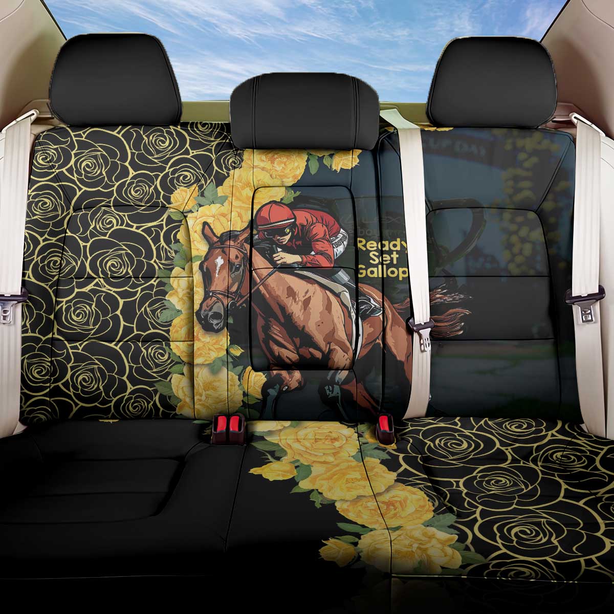 Melbourne Horse Racing Back Car Seat Cover Yellow Roses - Ready Set Gallop! - Wonder Print Shop