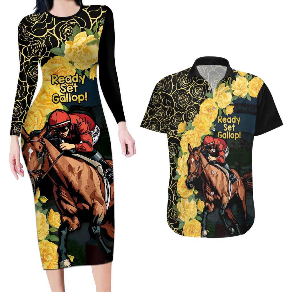 Melbourne Horse Racing Couples Matching Long Sleeve Bodycon Dress and Hawaiian Shirt Yellow Roses - Ready Set Gallop! - Wonder Print Shop