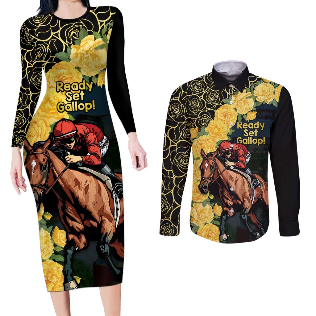 Melbourne Horse Racing Couples Matching Long Sleeve Bodycon Dress and Long Sleeve Button Shirt Yellow Roses - Ready Set Gallop! - Wonder Print Shop