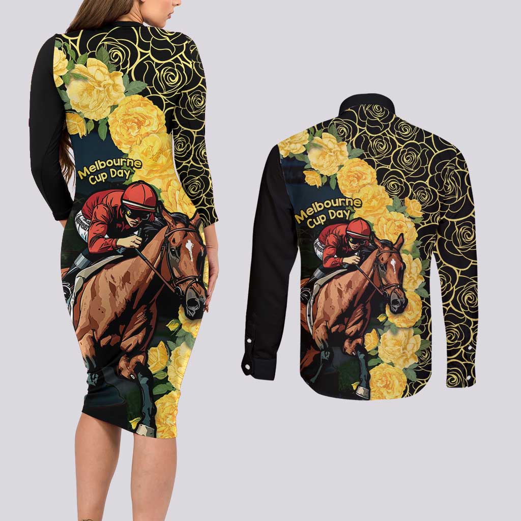 Melbourne Horse Racing Couples Matching Long Sleeve Bodycon Dress and Long Sleeve Button Shirt Yellow Roses - Ready Set Gallop! - Wonder Print Shop