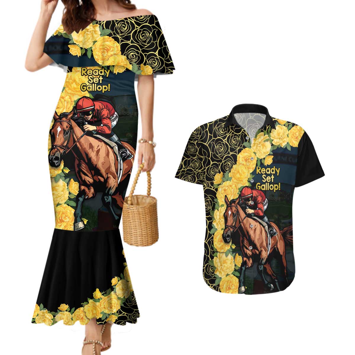 Melbourne Horse Racing Couples Matching Mermaid Dress and Hawaiian Shirt Yellow Roses - Ready Set Gallop! - Wonder Print Shop