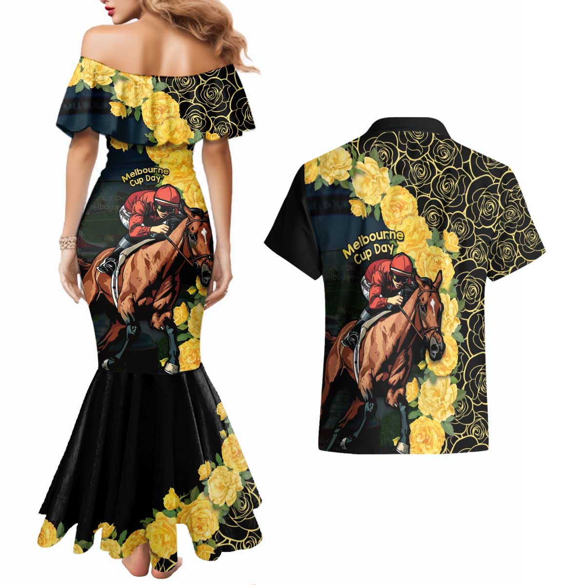 Melbourne Horse Racing Couples Matching Mermaid Dress and Hawaiian Shirt Yellow Roses - Ready Set Gallop! - Wonder Print Shop