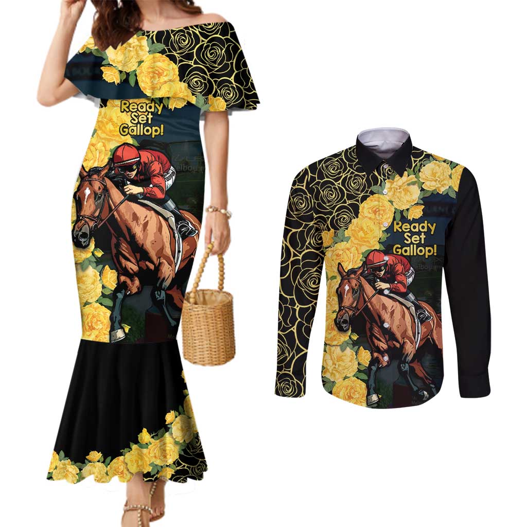 Melbourne Horse Racing Couples Matching Mermaid Dress and Long Sleeve Button Shirt Yellow Roses - Ready Set Gallop! - Wonder Print Shop