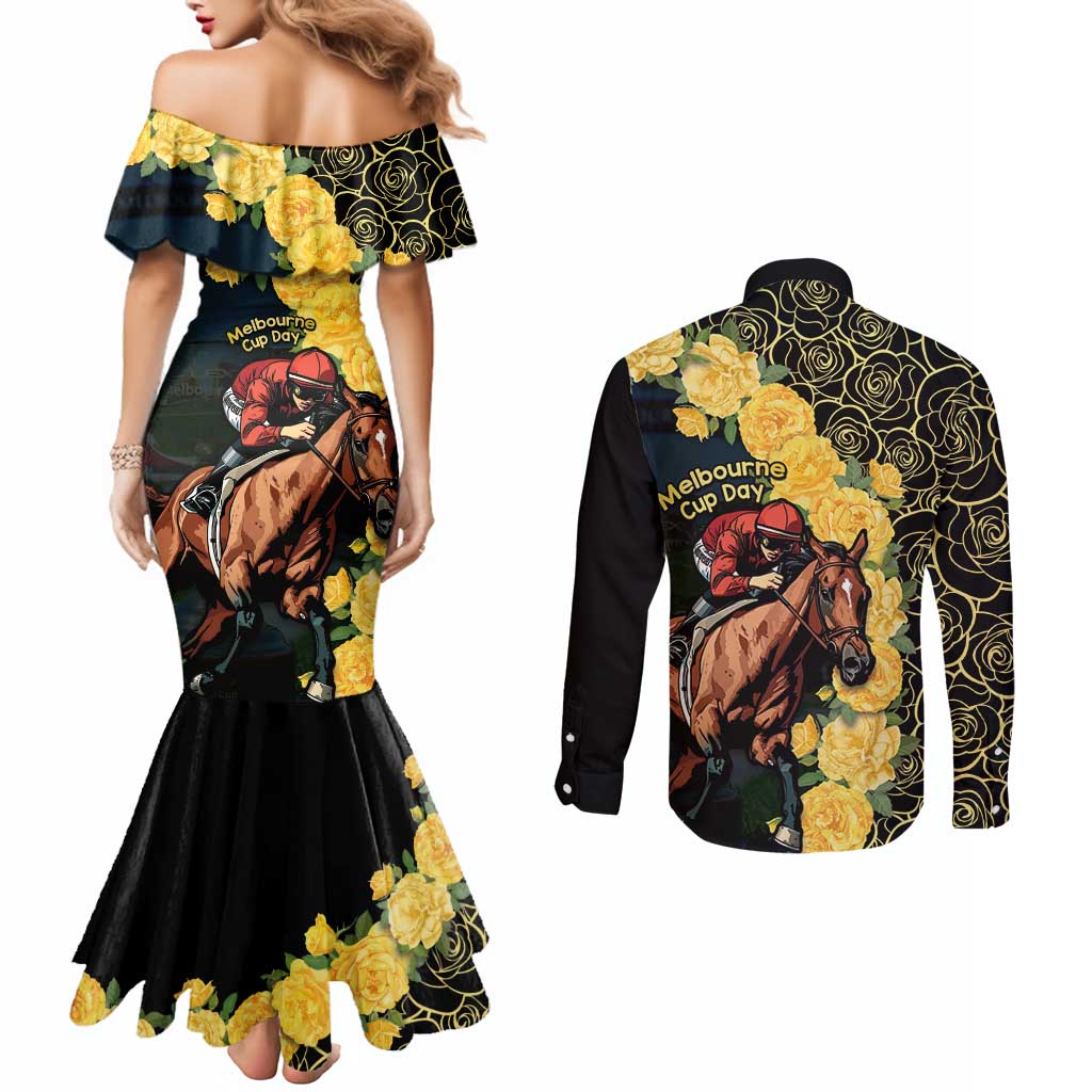 Melbourne Horse Racing Couples Matching Mermaid Dress and Long Sleeve Button Shirt Yellow Roses - Ready Set Gallop! - Wonder Print Shop