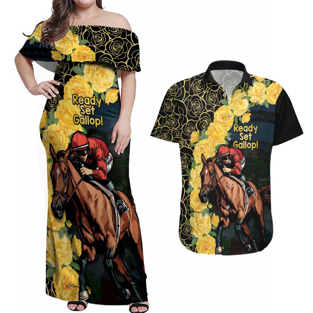 Melbourne Horse Racing Couples Matching Off Shoulder Maxi Dress and Hawaiian Shirt Yellow Roses - Ready Set Gallop! - Wonder Print Shop