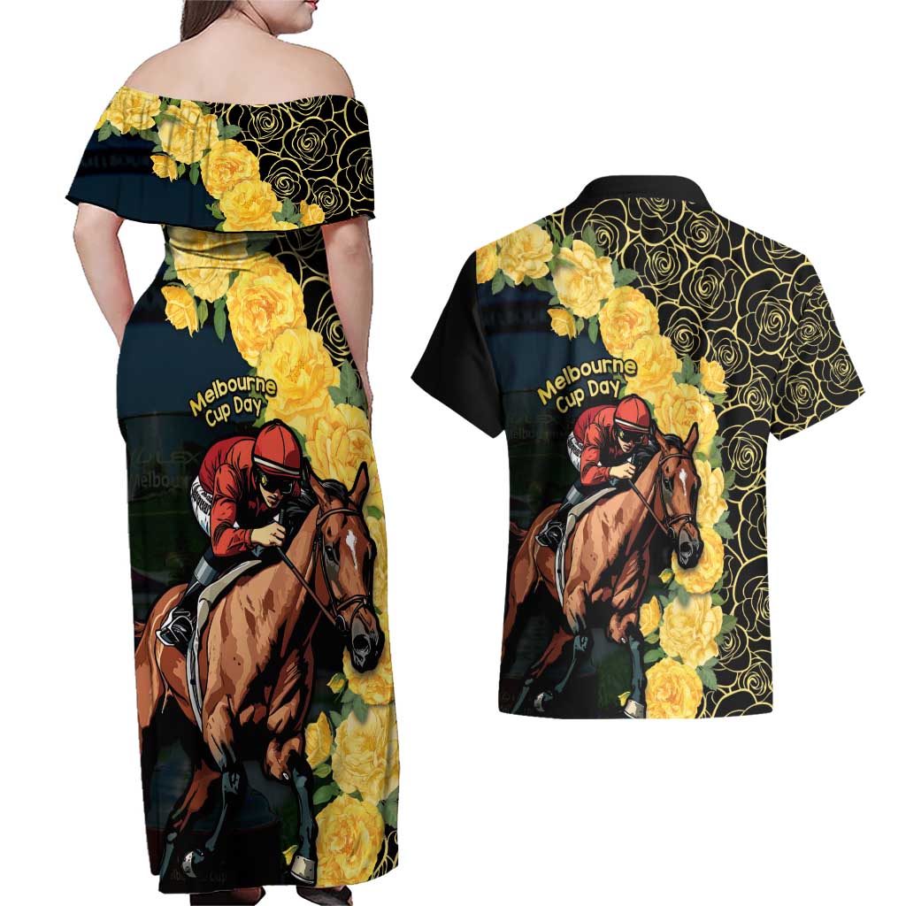 Melbourne Horse Racing Couples Matching Off Shoulder Maxi Dress and Hawaiian Shirt Yellow Roses - Ready Set Gallop! - Wonder Print Shop