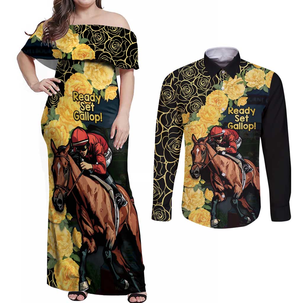 Melbourne Horse Racing Couples Matching Off Shoulder Maxi Dress and Long Sleeve Button Shirt Yellow Roses - Ready Set Gallop! - Wonder Print Shop