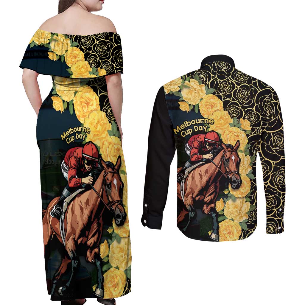 Melbourne Horse Racing Couples Matching Off Shoulder Maxi Dress and Long Sleeve Button Shirt Yellow Roses - Ready Set Gallop! - Wonder Print Shop