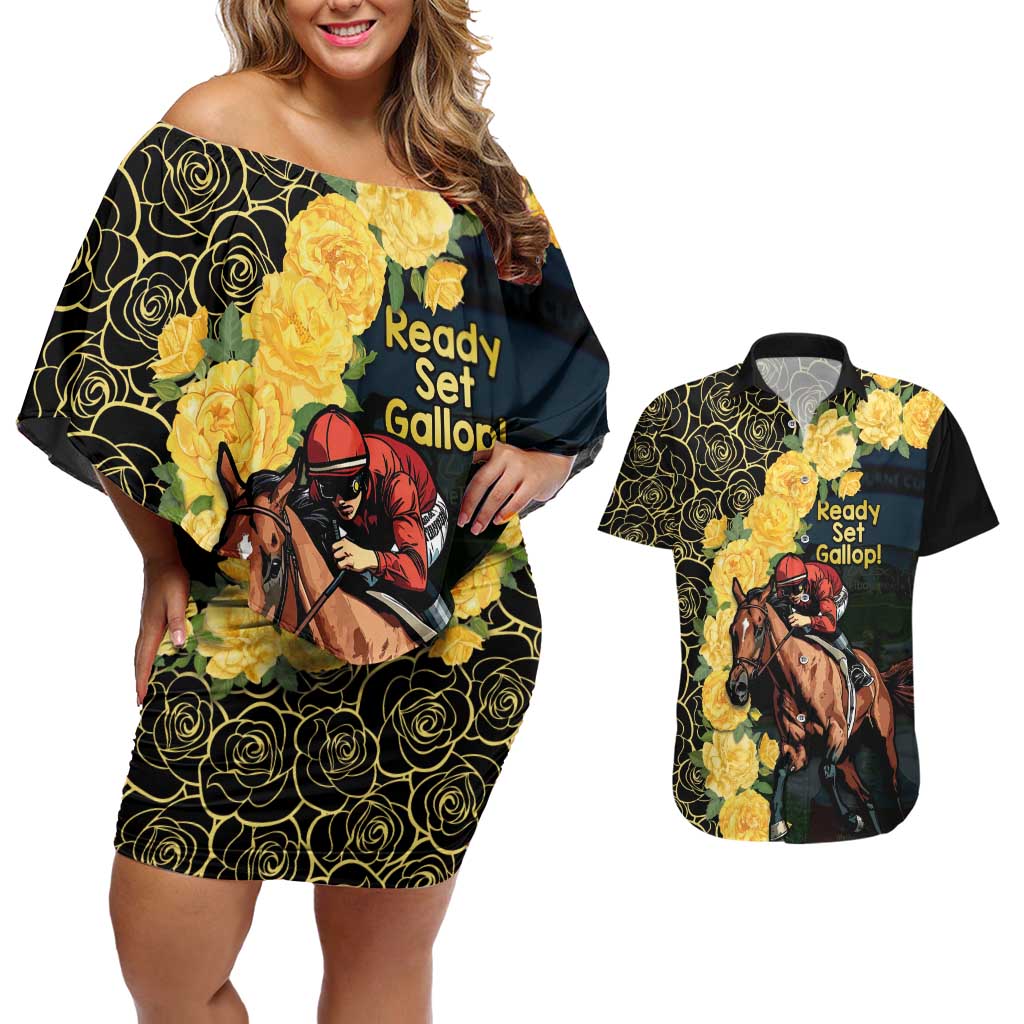 Melbourne Horse Racing Couples Matching Off Shoulder Short Dress and Hawaiian Shirt Yellow Roses - Ready Set Gallop! - Wonder Print Shop