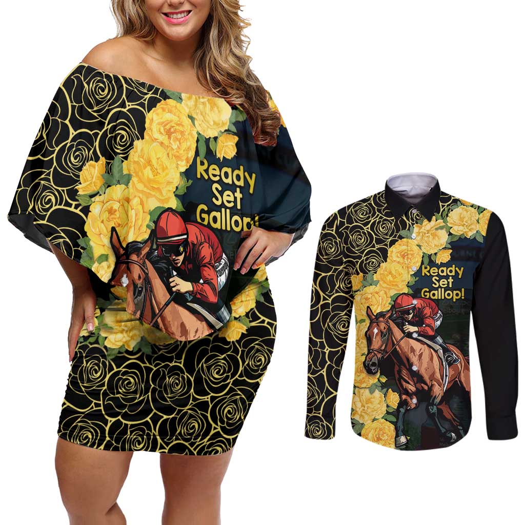 Melbourne Horse Racing Couples Matching Off Shoulder Short Dress and Long Sleeve Button Shirt Yellow Roses - Ready Set Gallop! - Wonder Print Shop