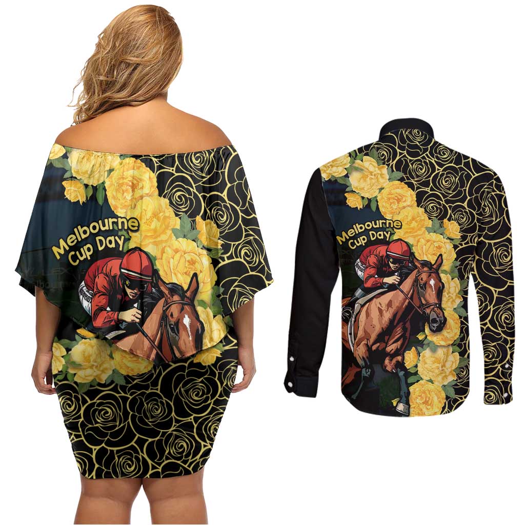 Melbourne Horse Racing Couples Matching Off Shoulder Short Dress and Long Sleeve Button Shirt Yellow Roses - Ready Set Gallop! - Wonder Print Shop