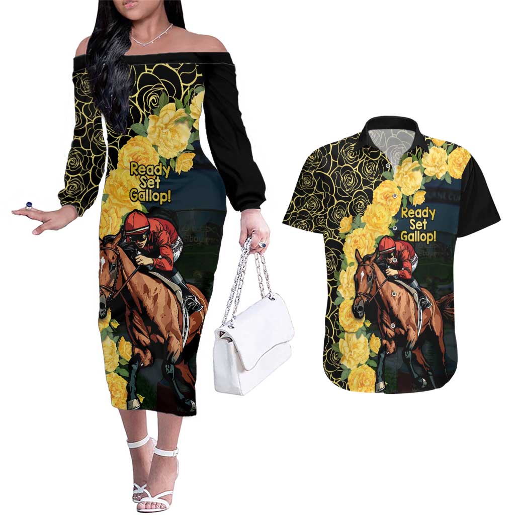 Melbourne Horse Racing Couples Matching Off The Shoulder Long Sleeve Dress and Hawaiian Shirt Yellow Roses - Ready Set Gallop! - Wonder Print Shop