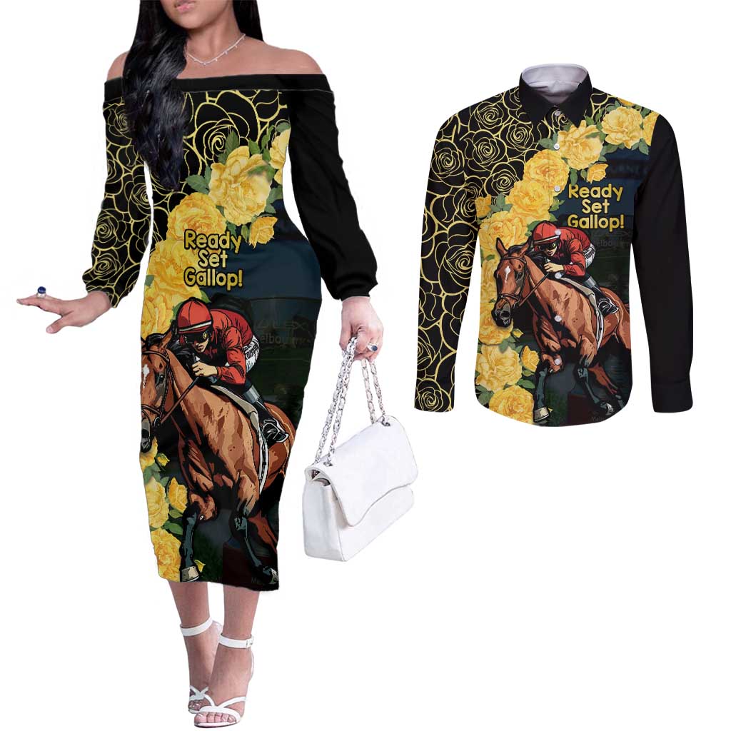 Melbourne Horse Racing Couples Matching Off The Shoulder Long Sleeve Dress and Long Sleeve Button Shirt Yellow Roses - Ready Set Gallop! - Wonder Print Shop